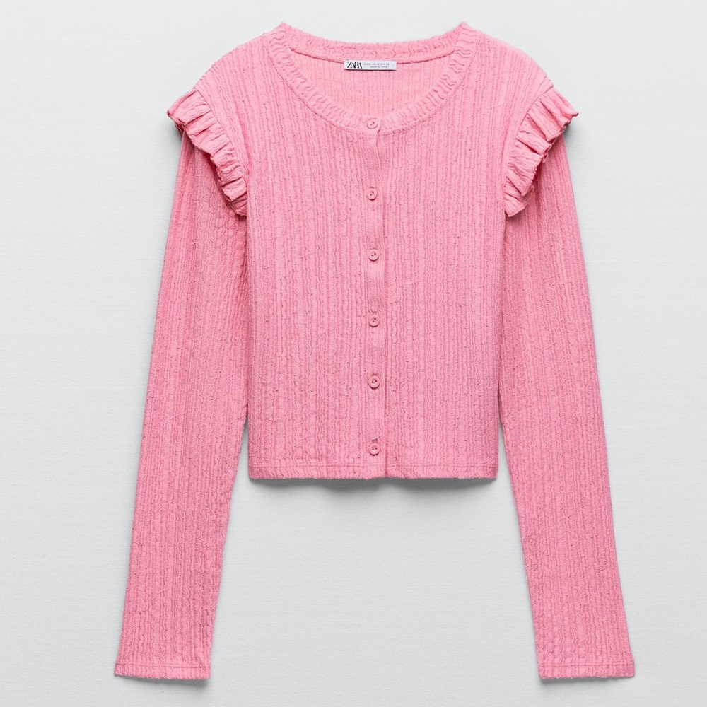 ZARA Bubblegum Pink Ruffled Jacquard Lace Crochet Long Sleeve Cardigan $49.90